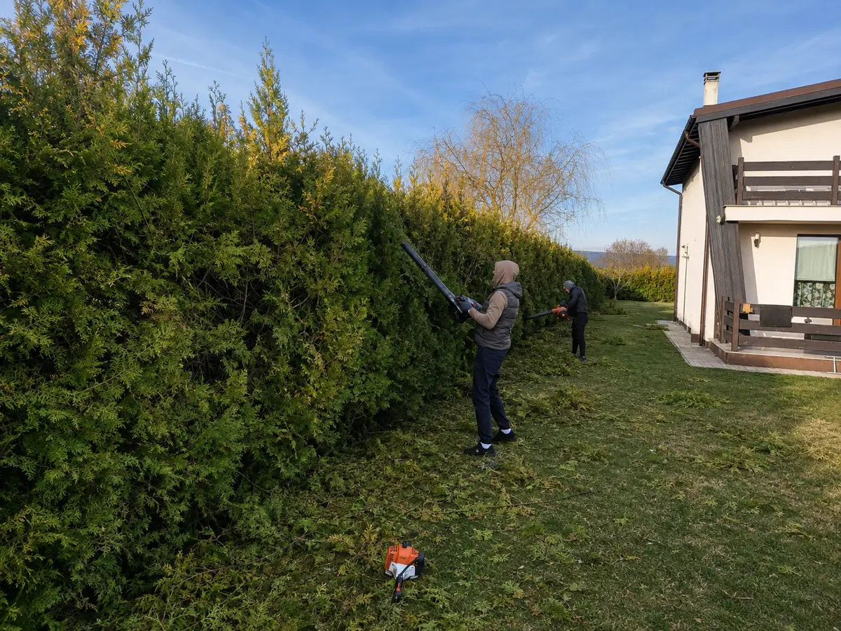 Echipa MFM Smart Design toaletând un gard viu înalt de thuja, cu motocoasa de gard viu, și crengile tăiate strânse pe gazon